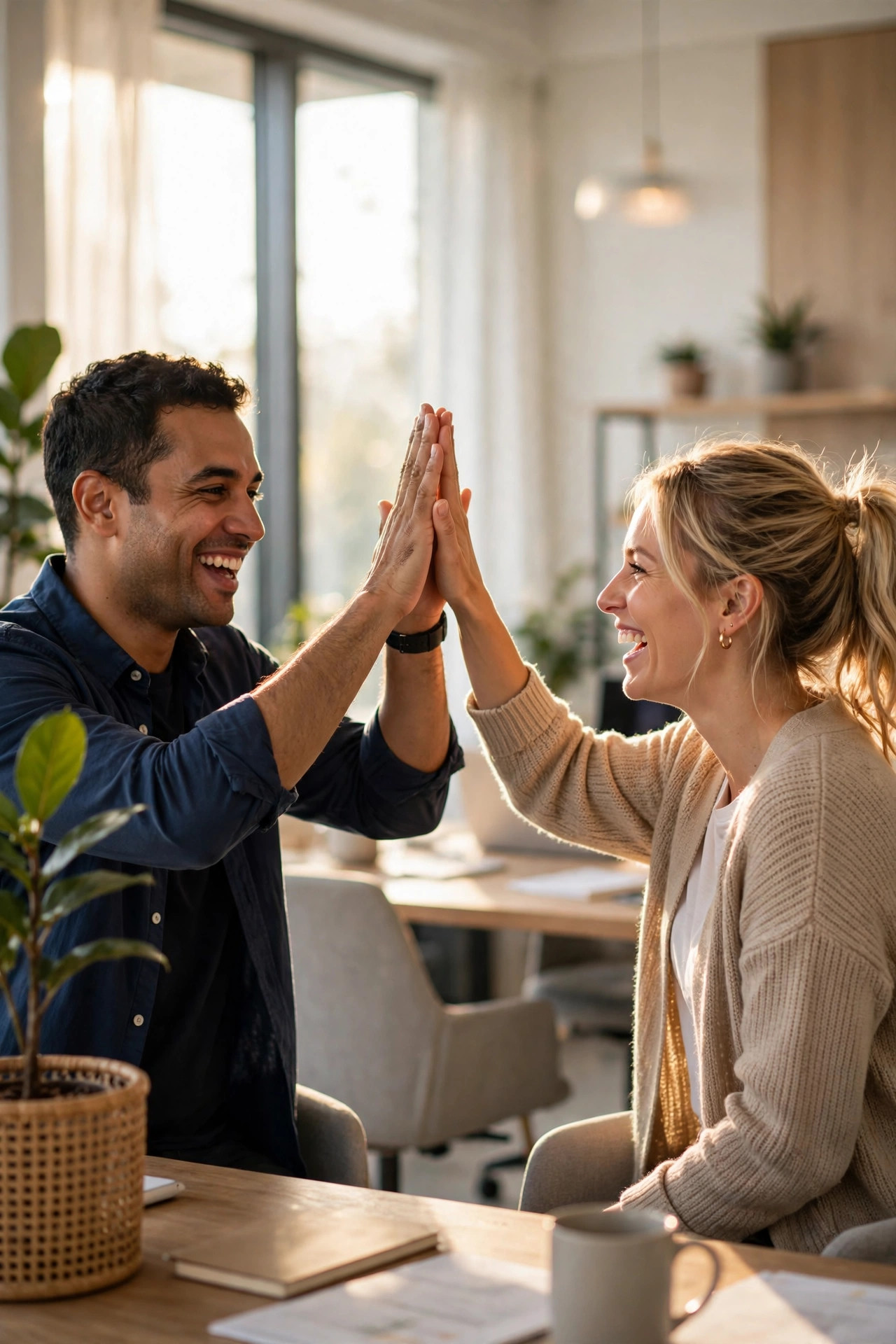 Two colleagues celebrating with a high-five